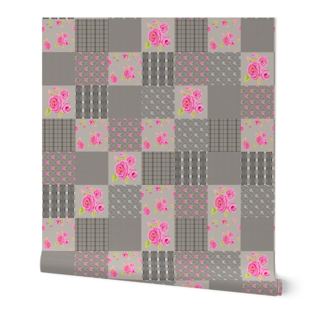 Pink Roses Floral Plaid Gray Wholecloth Quilt Top