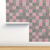 Pink Roses Floral Plaid Gray Wholecloth Quilt Top