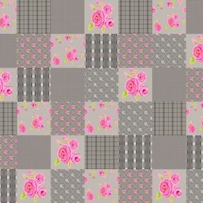 Pink Roses Floral Plaid Gray Wholecloth Quilt Top