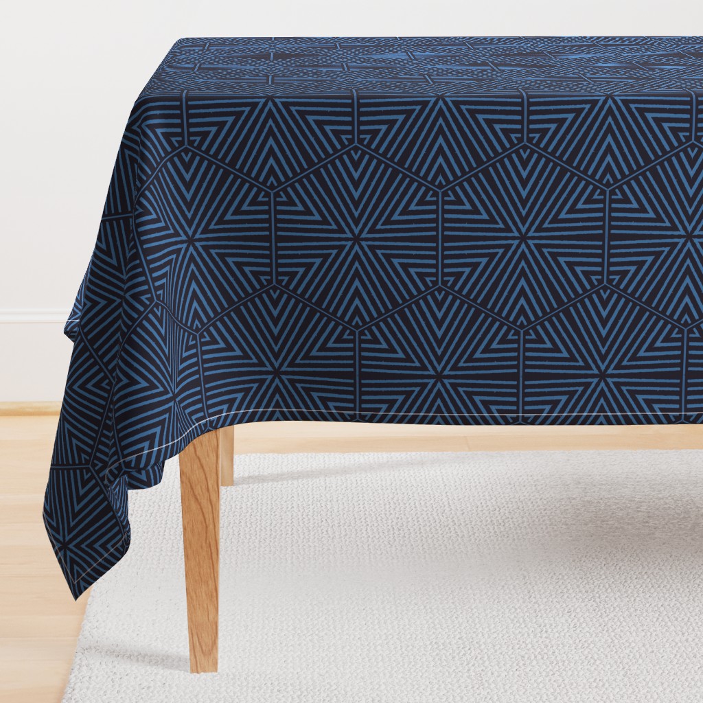Triangles and Hexagons Blue and Black Upholstery Fabric