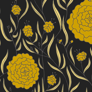 Mustard and Black Floral Panel - Large Scale Bronze Gold