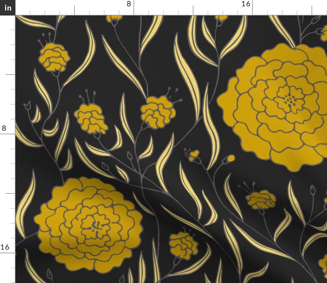 Mustard and Black Floral Panel - Large Scale Bronze Gold