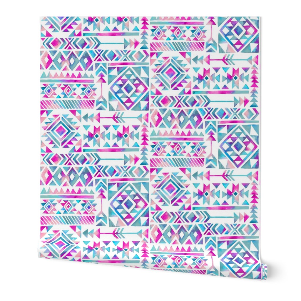 Tribal Summer / Pink Turquoise on White Background / Large Scale