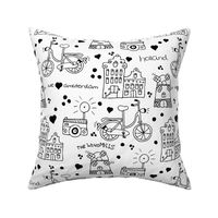 Hello Amsterdam canal houses hipster bike and windmills dutch icons pattern design