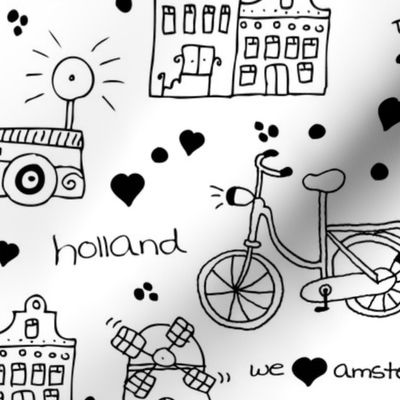 Hello Amsterdam canal houses hipster bike and windmills dutch icons pattern design