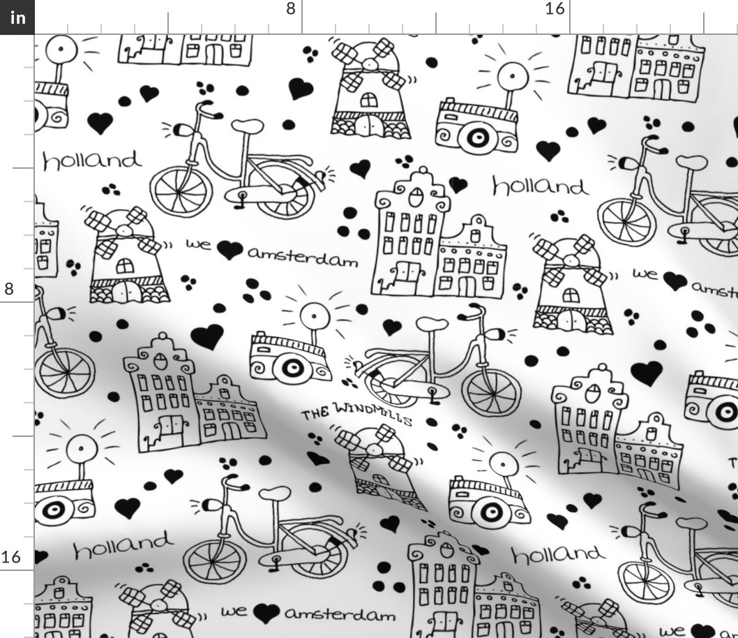 Hello Amsterdam canal houses hipster bike and windmills dutch icons pattern design