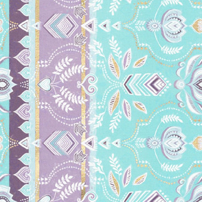 Decorative Boho Stripes in Aqua, Purple, Gold & White Rotated