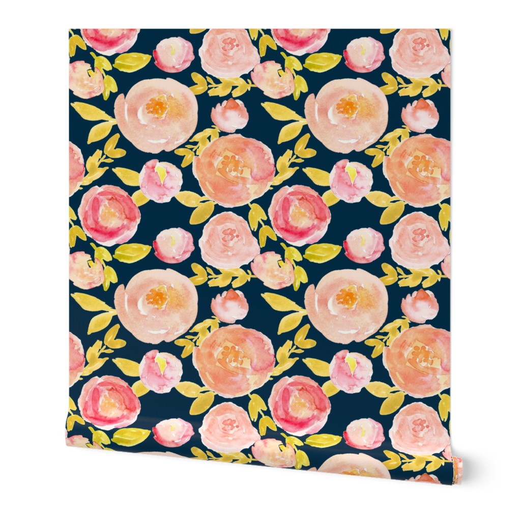 pink peach soft watercolor floral on navy  - medium 