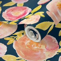 pink peach soft watercolor floral on navy  - medium 