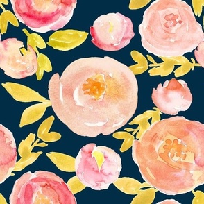 pink peach soft watercolor floral on navy  - medium 