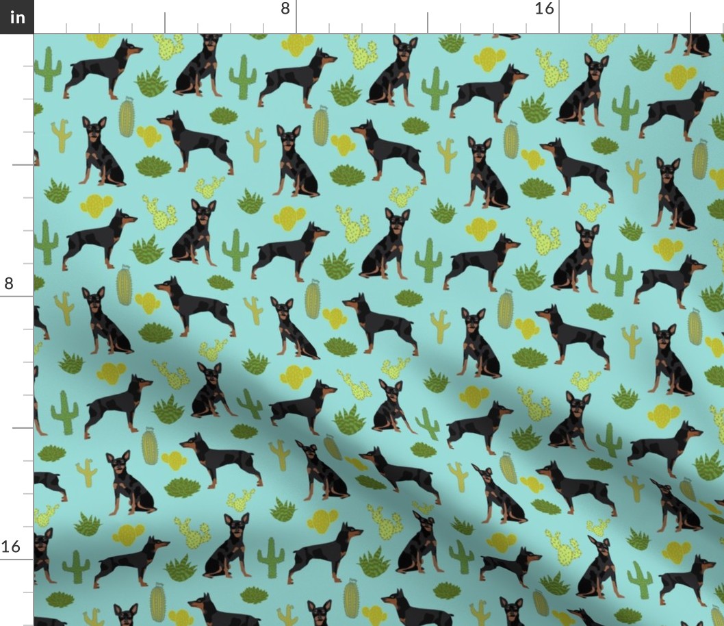 Miniature Doberman Pinscher cactus southwest desert fabric dog breed blue green