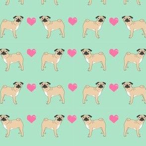 pug love fabric cute pink and mint pugs fabric  - mint