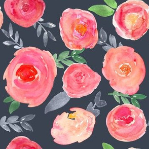 bright pink watercolor floral on navy