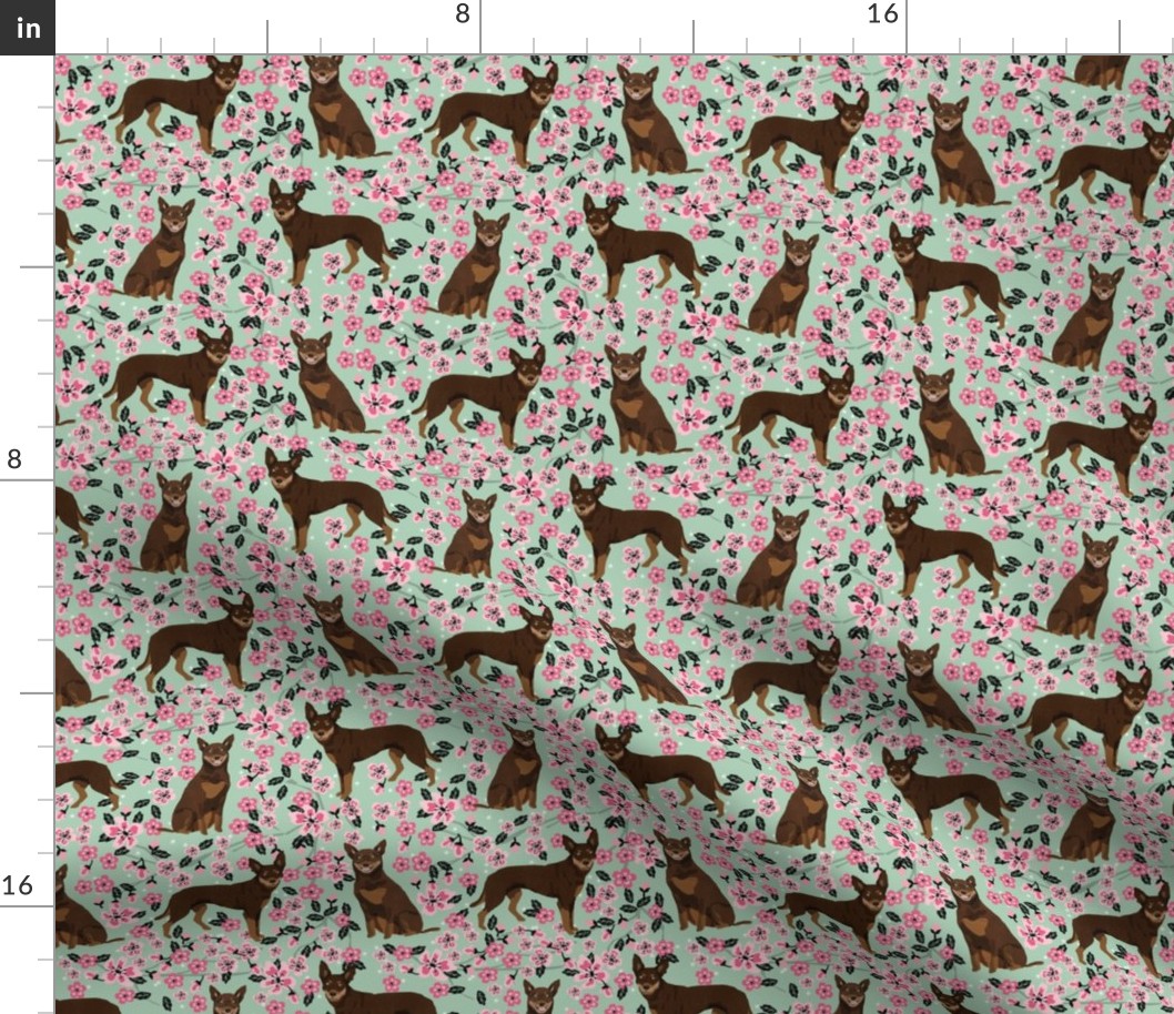 australian kelpie dog fabric red and tan kelpie design - cherry blossoms - mint