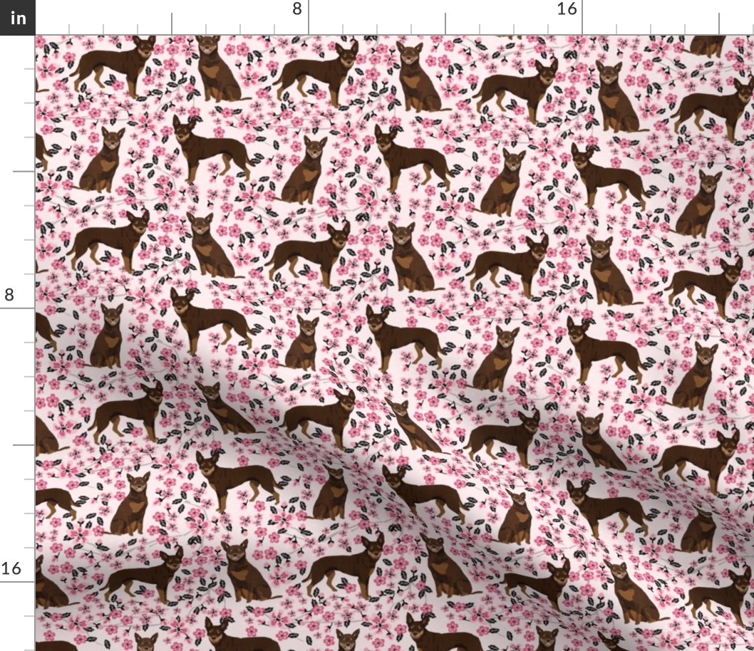 australian kelpie dog fabric red and tan kelpie design - cherry blossoms - pink