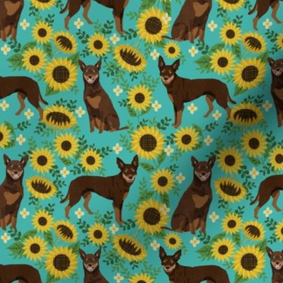 australian kelpie dog fabric red and tan kelpie design - sunflowers- turquoise