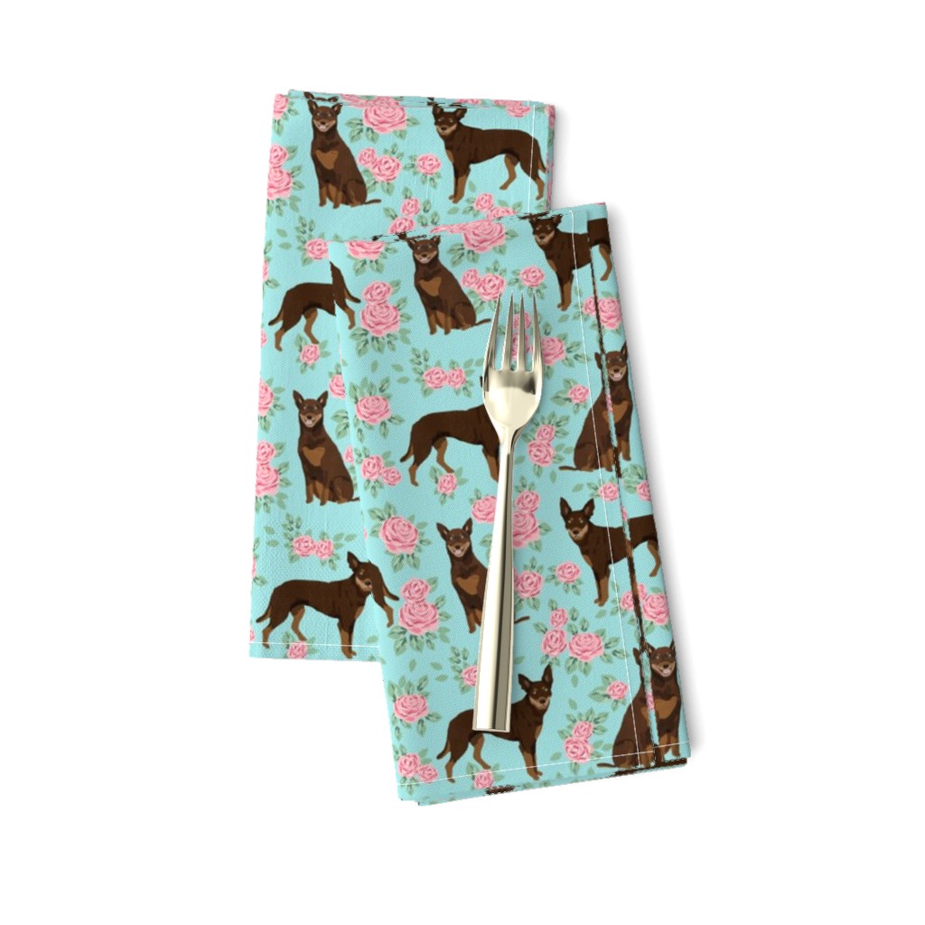 australian kelpie dog fabric red and tan kelpie design - roses - light blue