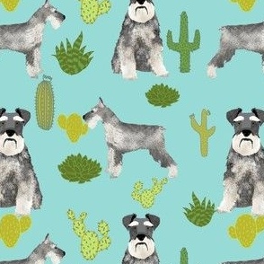 schnauzer dog fabric dogs and cactus design  - light blue
