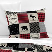 Adventure Patchwork Quilt - Black, Red + Cream Woodland Bear & Moose Baby Blanket Design