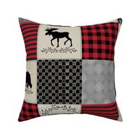 Adventure Patchwork Quilt - Black, Red + Cream Woodland Bear & Moose Baby Blanket Design