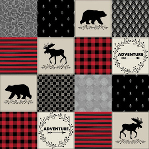 Adventure Patchwork Quilt - Black, Red + Cream Woodland Bear & Moose Baby Blanket Design