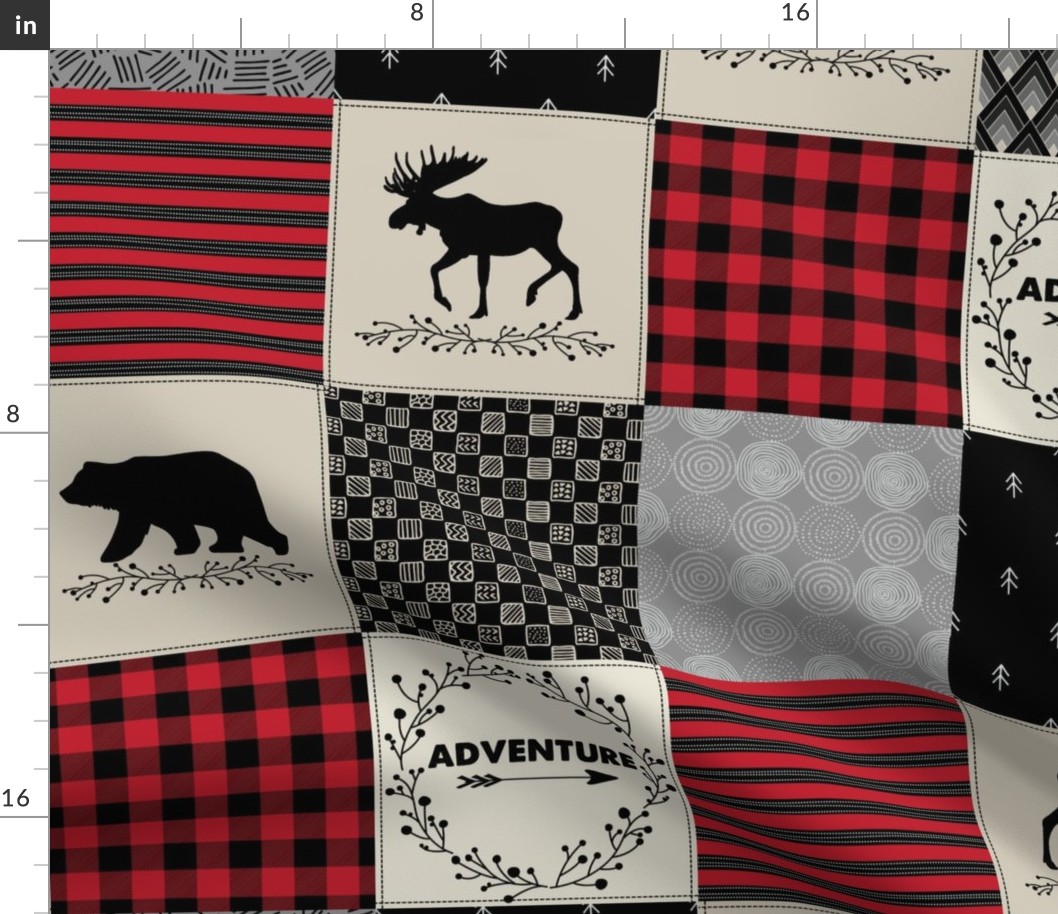 Adventure Patchwork Quilt - Black, Red + Cream Woodland Bear & Moose Baby Blanket Design