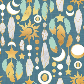 Bohemian spirit // dark turquoise background mint & gold feathers golden suns & moons grey crystal gems