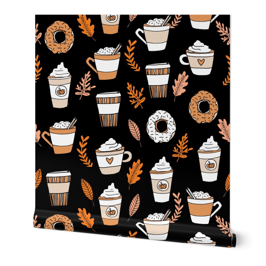 pumpkin spice latte fabric coffee and donuts fall autumn traditions black