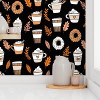 pumpkin spice latte fabric coffee and donuts fall autumn traditions black