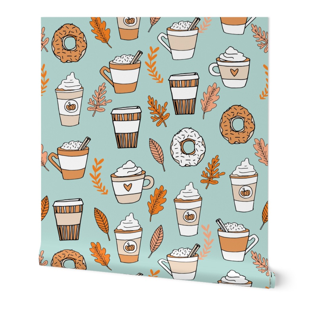 pumpkin spice latte fabric coffee and donuts fall autumn traditions lite