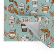 pumpkin spice latte fabric coffee and donuts fall autumn traditions lite