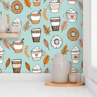 pumpkin spice latte fabric coffee and donuts fall autumn traditions lite