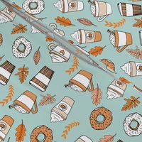 pumpkin spice latte fabric coffee and donuts fall autumn traditions lite