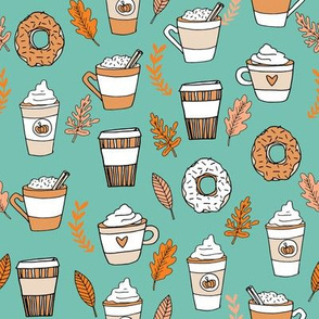 pumpkin spice latte fabric coffee and donuts fall autumn traditions mint