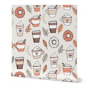 pumpkin spice latte fabric coffee and donuts fall autumn traditions peach