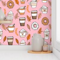 pumpkin spice latte fabric coffee and donuts fall autumn traditions pink