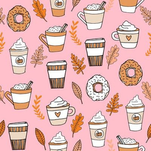 pumpkin spice latte fabric coffee and donuts fall autumn traditions pink