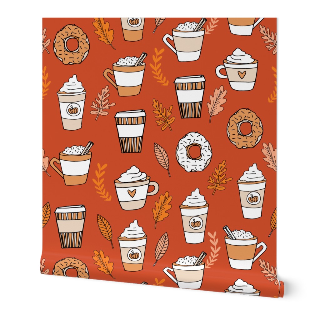 pumpkin spice latte fabric coffee and donuts fall autumn traditions rust