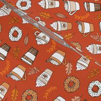 pumpkin spice latte fabric coffee and donuts fall autumn traditions rust