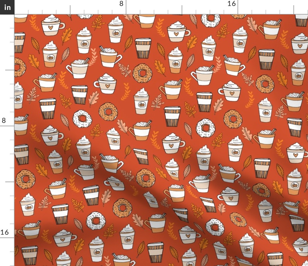 pumpkin spice latte fabric coffee and donuts fall autumn traditions rust