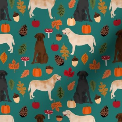 labradors in autumn fabric - yellow, black and chocolate lab fabric - eden green