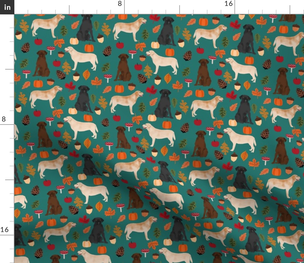 labradors in autumn fabric - yellow, black and chocolate lab fabric - eden green