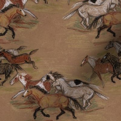 Wild Horse Herd 2 in Crayon on Brown Paper