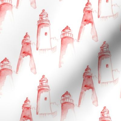 Red Nautical Watercolor || Pink white Lighthouse Light House ||  ocean water Maine _ Miss Chiff Designs 