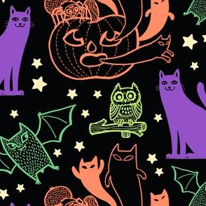 Pumpkins, Bats, & Ghosts in Midnight Multicolor