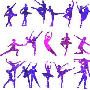 2 ballet ballerina dance dancing dancers tutu pirouette sparkles stars universe galaxy cosmic cosmos planets nebula silhouette watercolor effect  purple blue violet clouds  