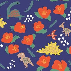 Dinosaur and Camellia japonica flowers on blue