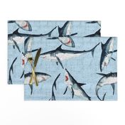 Great Whites are great! Sharks on a woven blue background