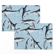 Great Whites are great! Sharks on a woven blue background