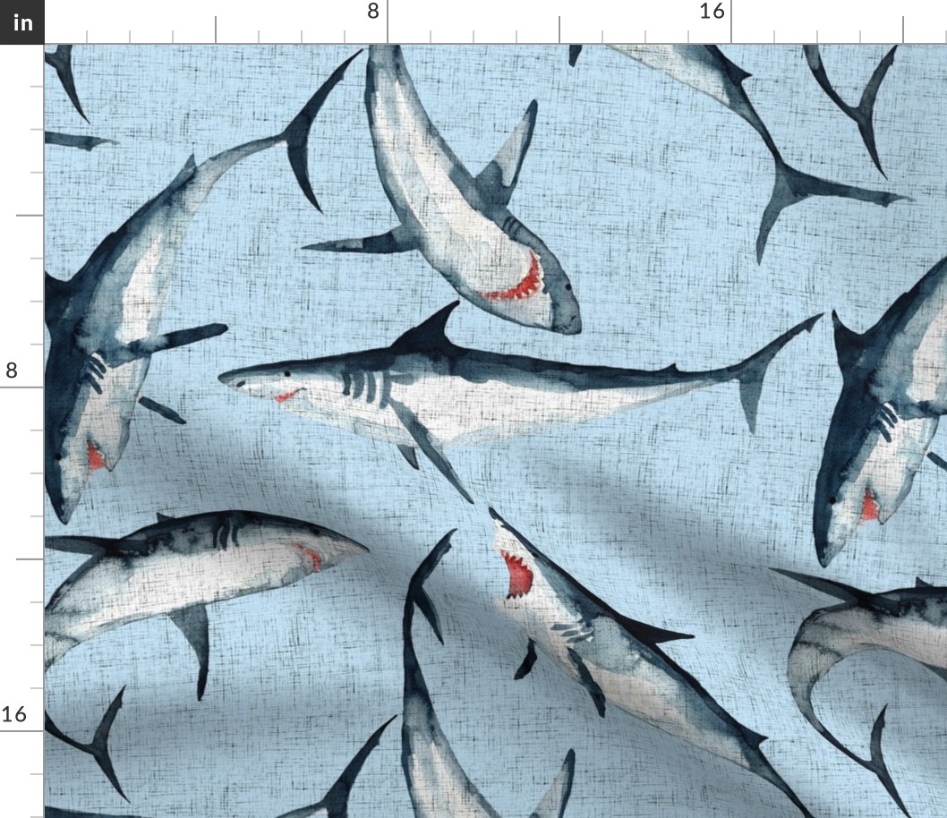 Great Whites are great! Sharks on a woven blue background